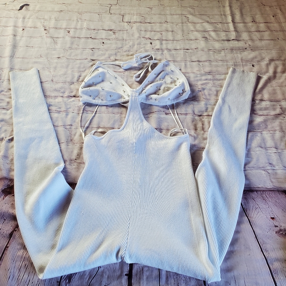 Ribbed White Bodysuit Cutout Fitted Embellished Size Large Sexy Punk Festival